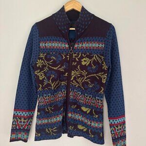 Icelandic Design Floral Full Zip Wool Cardigan Sweater - Medium